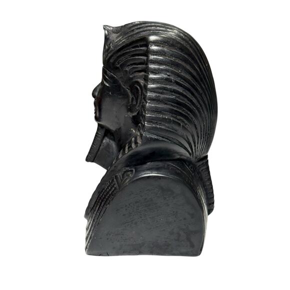 Egyptian King Tut Queen Nefertiti Bust Set Carved Stone Hieroglyphic Black Decor - Picture 3 of 16